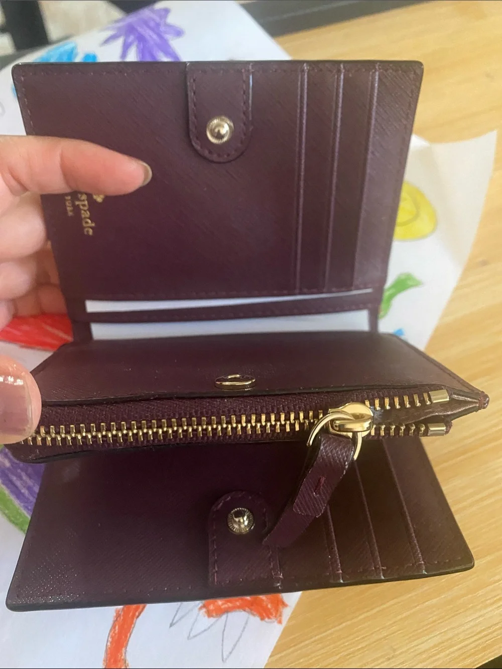 kate spade Compact Saffiano Leather Bi-Fold Wallet - Burgundy with Gold Hardware